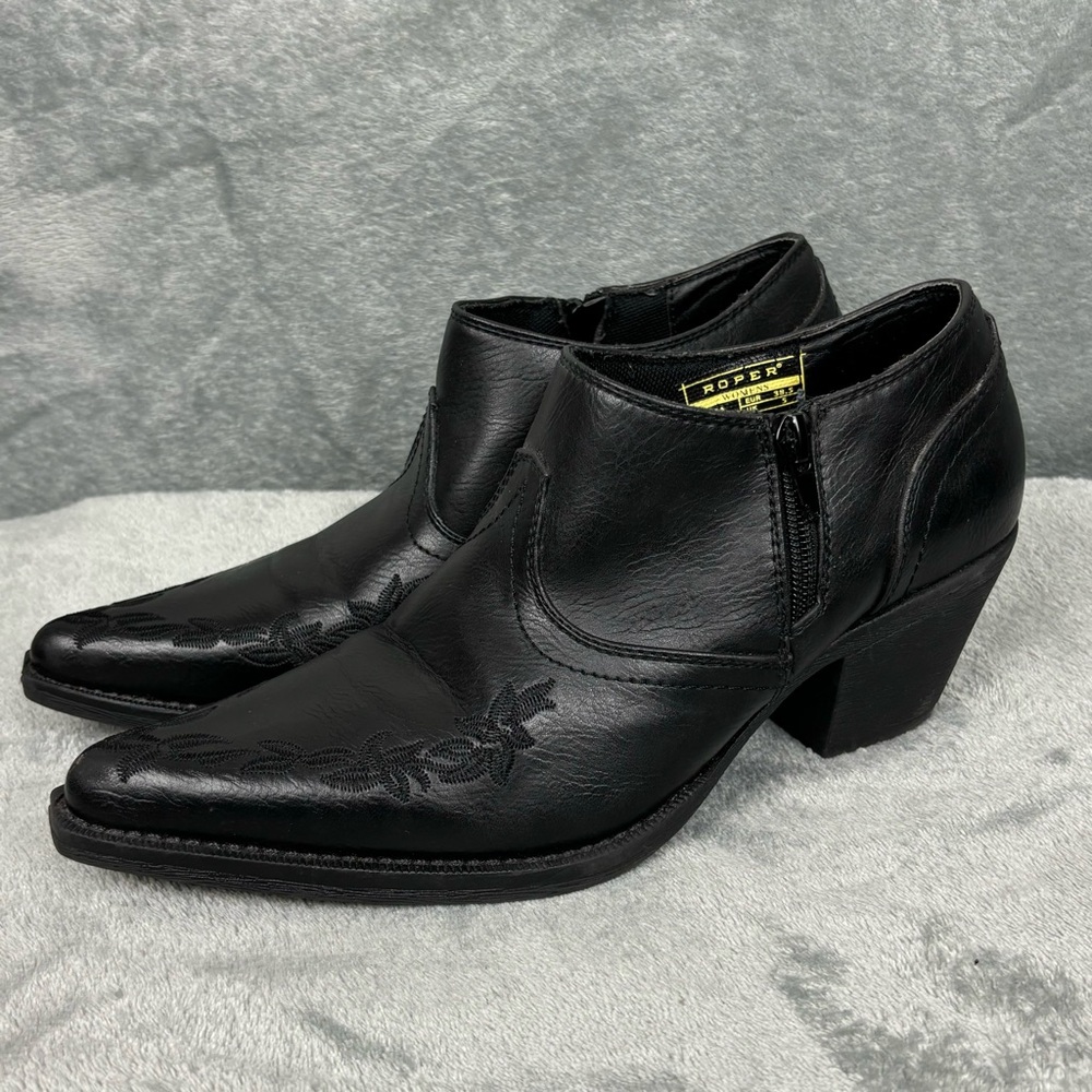 Roper Boots Women Size 7.5 Black Emma Western Pointed Toe Ankle Booties - Picture 4 of 13